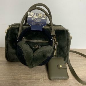 Rachel Roy Green Faux Fur Satchel w/ Earmuffs & Card Wallet NWT